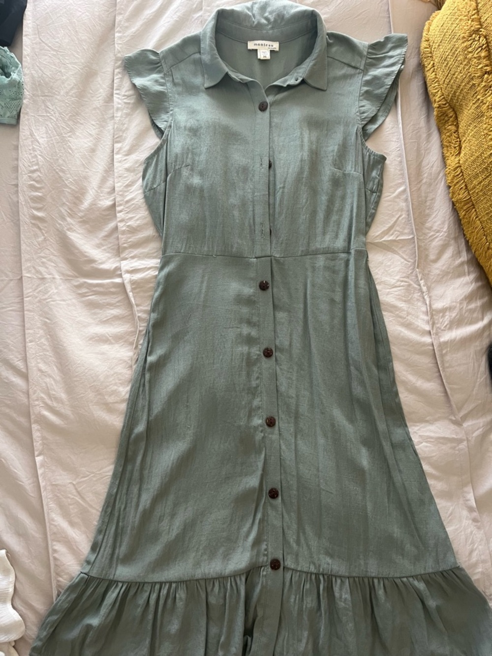 Sage Button-Down Midi Dress with Flutter Sleeves